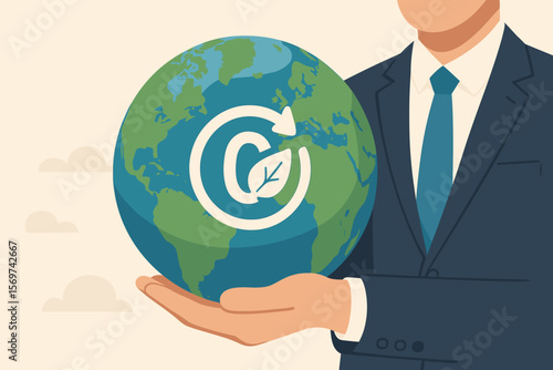 Businessman holding globe with Net Zero icon. Climate neutral long-term strategy for decarbonization, sustainability, and reducing greenhouse gas emissions. ESG concept vector.