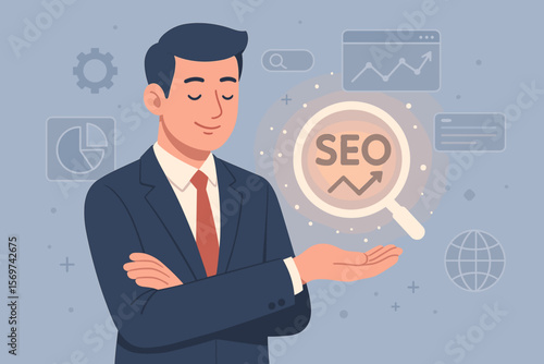 Search engine optimization concept. Businessman holds virtual SEO icon for data analysis, promoting ranking, and increasing website traffic. Digital marketing strategy for growth.