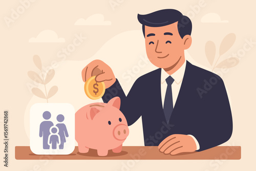Businessman Saving Money in Piggy Bank for Family, Financial Planning, Charity Donation, Fundraising, Investment, Superannuation, Family Budget, Wealth Management Concept