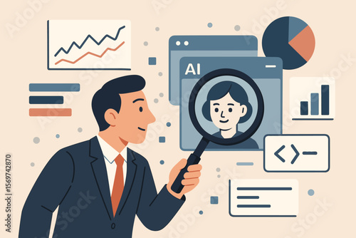 Businessman analyzes AI agent with a magnifying glass. Concept of business intelligence, data analysis, smart technology, and virtual assistant research. Vector illustration.
