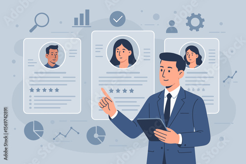 HR manager reviewing digital resumes on a virtual screen. Concept for online recruitment, candidate evaluation, HR analytics, smart hiring technology and human resources.