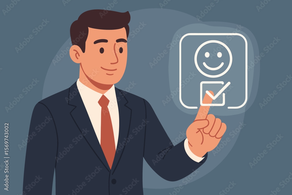 Businessman touching digital icon for customer satisfaction. Positive feedback, review, and rating concept. Happy client service experience, excellence survey with checkmark. Businessman touching digital icon for customer satisfaction. Positive feedback, review, and rating concept. Happy client service experience, excellence survey with checkmark.