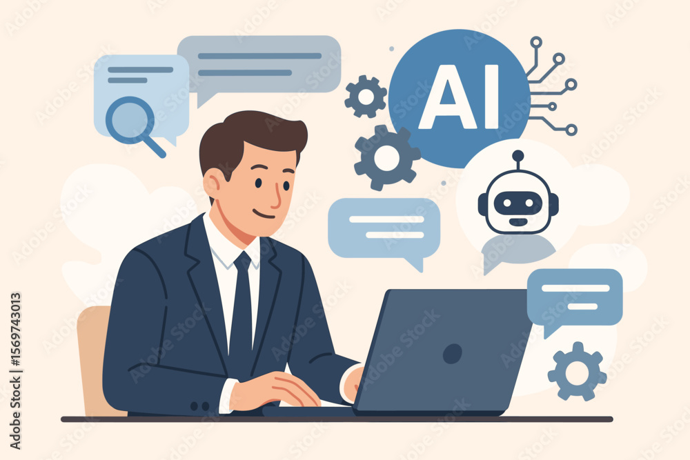 Businessman working on laptop with AI chatbot, artificial intelligence automation, prompt command generation, virtual assistant, live chat support, business technology concept Businessman working on laptop with AI chatbot, artificial intelligence automation, prompt command generation, virtual assistant, live chat support, business technology concept