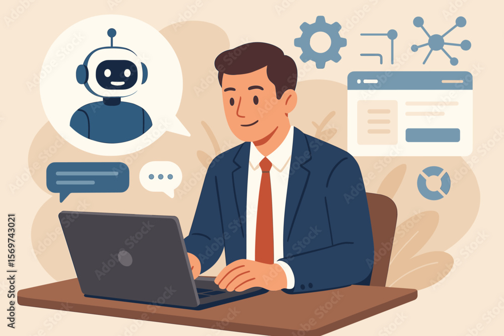 Businessman working on laptop with AI chatbot assistant, live chat platform, artificial intelligence automation, prompt command generation, business technology concept illustration Businessman working on laptop with AI chatbot assistant, live chat platform, artificial intelligence automation, prompt command generation, business technology concept illustration