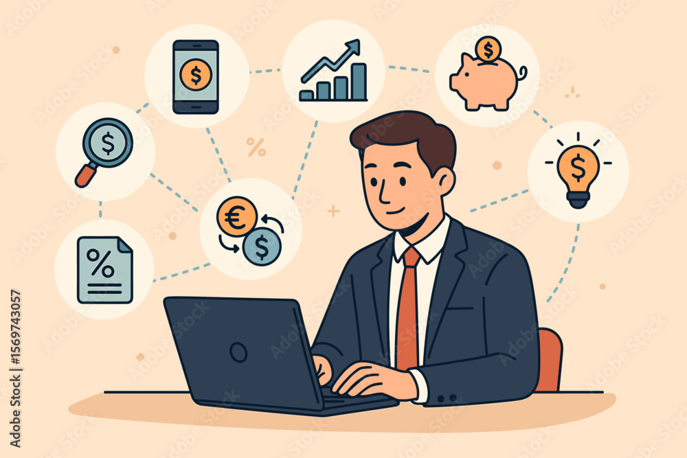 Businessman Using Laptop with Financial Technology Icons, Investment Management, Digital Banking, Currency Exchange, Interest Rate, Savings, Financial Strategy Concept Businessman Using Laptop with Financial Technology Icons, Investment Management, Digital Banking, Currency Exchange, Interest Rate, Savings, Financial Strategy Concept