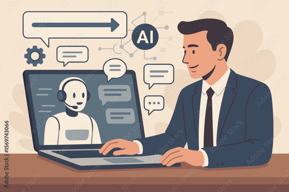 Businessman using laptop with AI chatbot assistant, prompt command generation, live chat support, artificial intelligence technology for business automation and customer service Businessman using laptop with AI chatbot assistant, prompt command generation, live chat support, artificial intelligence technology for business automation and customer service