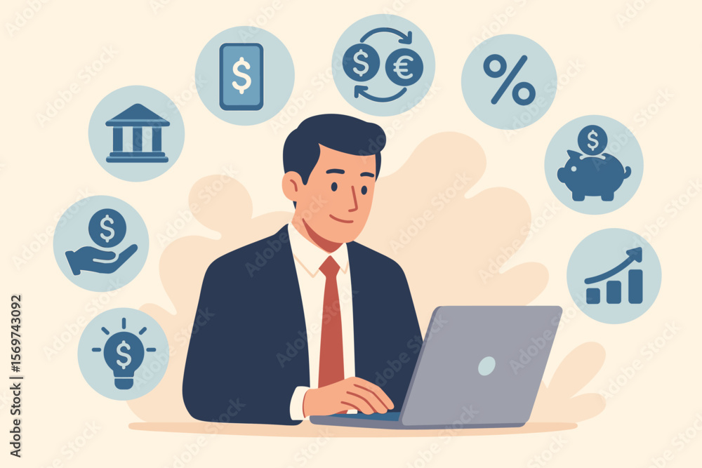 Businessman at laptop surrounded by financial icons, fintech innovation, investment management, digital banking, currency exchange, savings, interest rates, economic growth Businessman at laptop surrounded by financial icons, fintech innovation, investment management, digital banking, currency exchange, savings, interest rates, economic growth