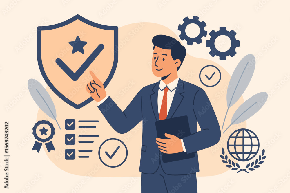 Businessman in suit presenting quality assurance, ISO certification, guarantee, top service standards, quality management, compliance, standardization, business excellence concept Businessman in suit presenting quality assurance, ISO certification, guarantee, top service standards, quality management, compliance, standardization, business excellence concept