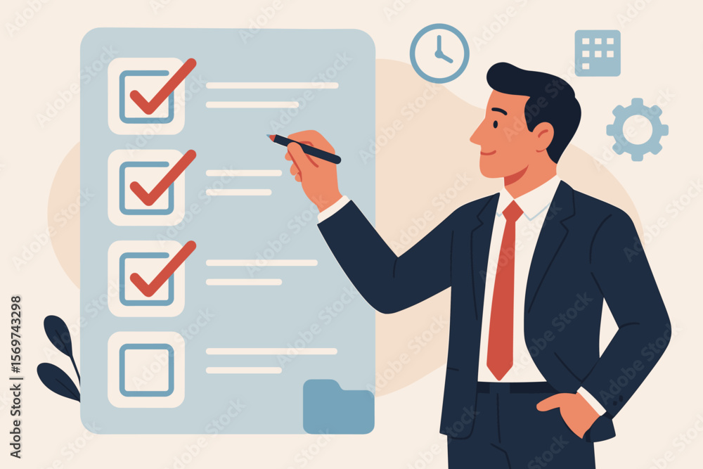 Businessman marking checklist on digital task management board. Productivity, workflow planning, time management, organization, project management, efficiency, office concept Businessman marking checklist on digital task management board. Productivity, workflow planning, time management, organization, project management, efficiency, office concept