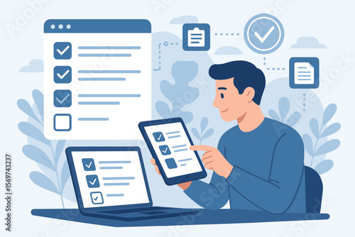 Digital checklist and document management system concept. Man using tablet and laptop for online form verification, workflow approval, audit control, quality assurance, task completion