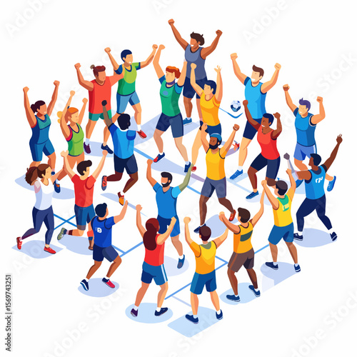 Diverse Group of Athletes Celebrating Victory with Arms Raised in Isometric View Wearing Blue Red Yellow and Green Uniforms