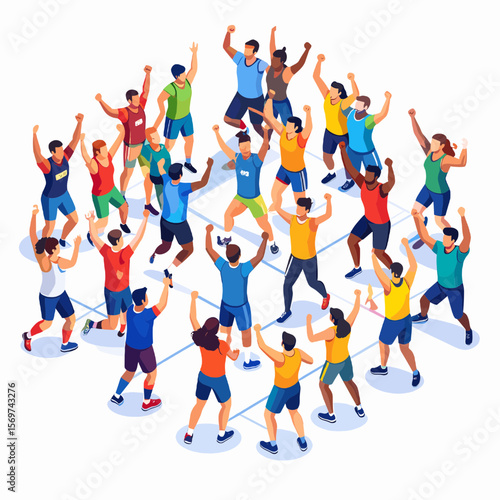 Diverse Group of People Cheering and Celebrating Team Success in Isometric View with Bright Colors and Energetic Poses on White Background