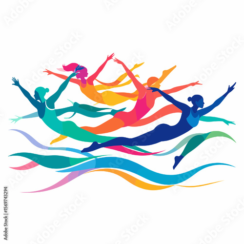 Diverse Group of Swimmers in Motion Vibrant Colors in a Dynamic Wave Pattern Sporting Activity and Competitive Spirit Abstract Design