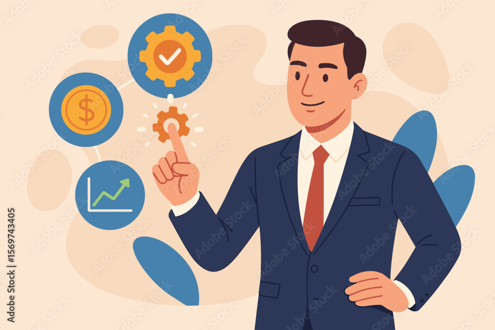 Businessman Touching Gear Icon for Quality Control, Cost Optimization, Profit Growth, Customer Satisfaction, Performance Improvement, Service and Product Management Concept Businessman Touching Gear Icon for Quality Control, Cost Optimization, Profit Growth, Customer Satisfaction, Performance Improvement, Service and Product Management Concept