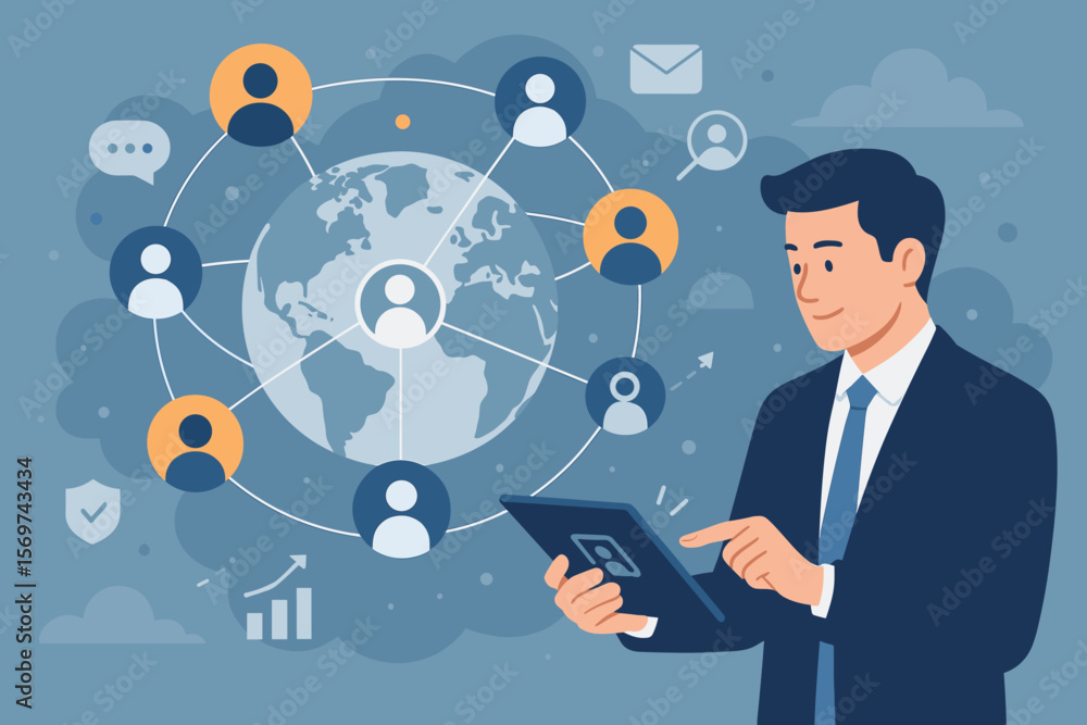 Customer relationship management, businessman using tablet, global network structure, digital data exchange, business technology, customer service, social media communication Customer relationship management, businessman using tablet, global network structure, digital data exchange, business technology, customer service, social media communication