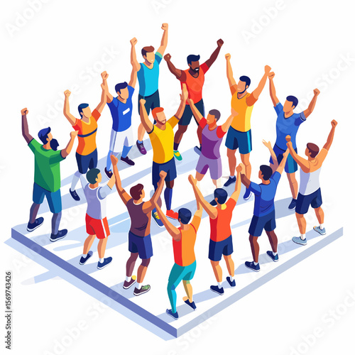 Diverse Team Cheering in Celebration with Raised Arms in Isometric View Success Unity Victorious Group Achievement Sport Illustration