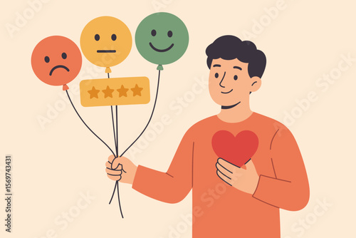 Customer feedback review satisfaction concept. User holding heart, rating with smiley face balloons, five star opinion evaluation, quality ranking, service experience illustration