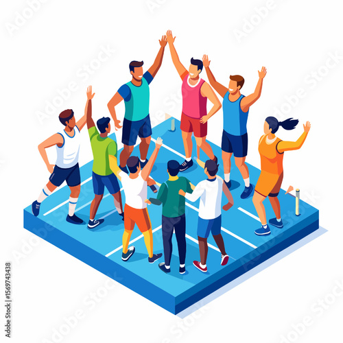 Diverse Team of Athletes Celebrating Victory on Blue Track in Isometric View with Hands Raised in Unity and Cheerful Expression After Successful Sports Competition