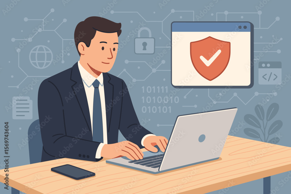 Businessman Using Laptop Office Desk Cyber Security Data Protection Technology Internet Network Software Development Digital Privacy Shield Secure Online Concept Businessman Using Laptop Office Desk Cyber Security Data Protection Technology Internet Network Software Development Digital Privacy Shield Secure Online Concept