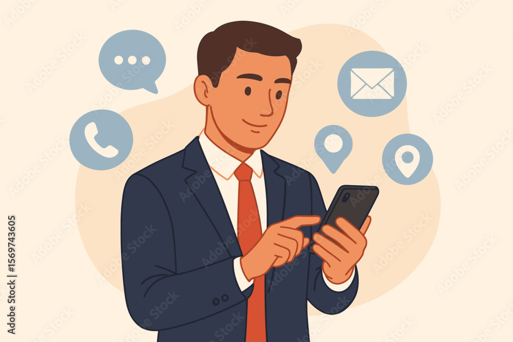 Businessman Using Smartphone for Customer Support Hotline, Contact Us Communication, Modern Flat Vector with Email, Phone Call, Address, Chat Message Icons, People Connection Businessman Using Smartphone for Customer Support Hotline, Contact Us Communication, Modern Flat Vector with Email, Phone Call, Address, Chat Message Icons, People Connection
