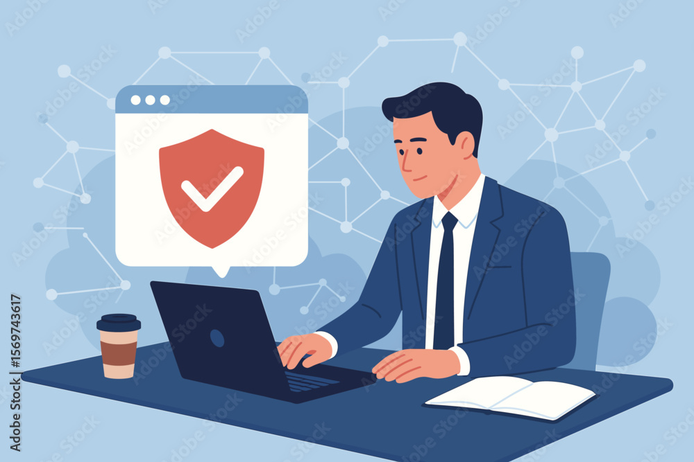 Businessman Using Laptop for Cyber Security, Data Protection, Secure Internet Network, Technology Solutions, Office Workspace, Software Development, Digital Privacy Concept Businessman Using Laptop for Cyber Security, Data Protection, Secure Internet Network, Technology Solutions, Office Workspace, Software Development, Digital Privacy Concept