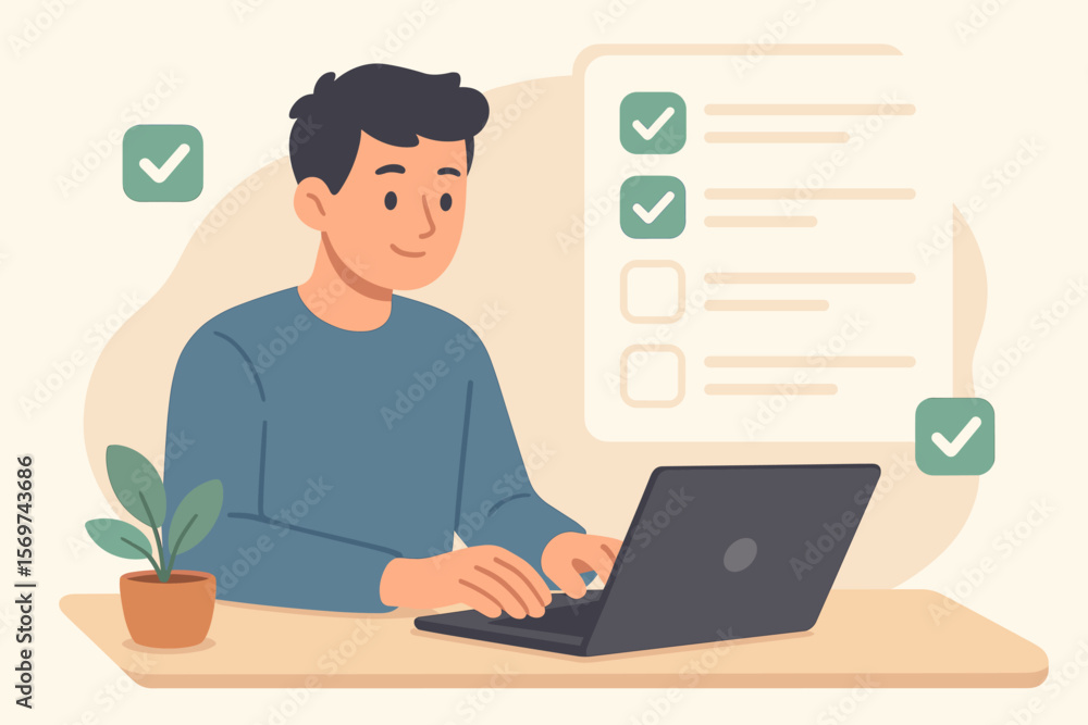 Productivity concept. Man working on laptop with digital checklist, task management interface, completed to-do list icons. Workflow organization, remote work, planning, efficiency Productivity concept. Man working on laptop with digital checklist, task management interface, completed to-do list icons. Workflow organization, remote work, planning, efficiency