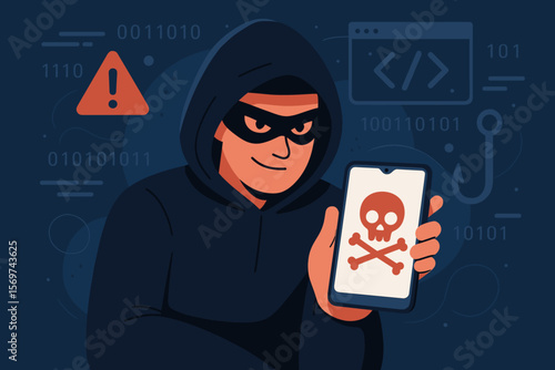 Cybercrime hacker holding smartphone with malware warning. Internet scam, phishing attack, data breach, digital security threat, mobile hacking, cybersecurity concept illustration