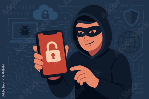 Cybercrime hacker in hoodie holding smartphone with unlocked padlock icon, internet scam, data breach, digital security threat, mobile hacking, cybersecurity, malware, online fraud