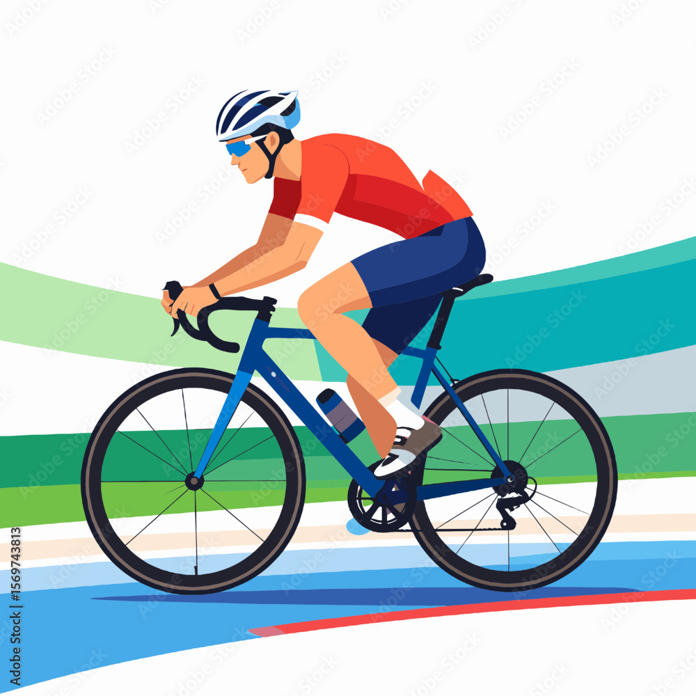 Fototapeta premium Dynamic Pixel Art of Cyclist on Blue Bike with Helmet Sunglasses and Red Jersey Racing on a Road with Colorful Graphic Background