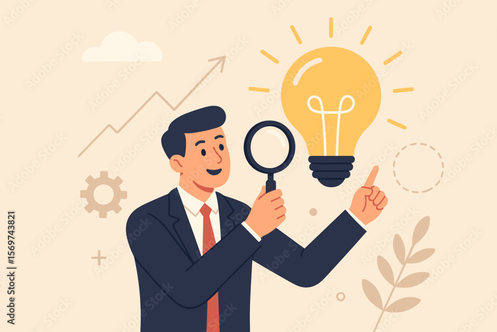 Businessman analyzing innovation and opportunity, searching for creative solutions, discovering insight, intelligence, research, invention, new idea, success, growth concept Businessman analyzing innovation and opportunity, searching for creative solutions, discovering insight, intelligence, research, invention, new idea, success, growth concept