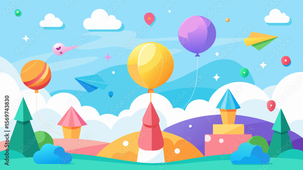 Colorful Cartoon Landscape with Balloons and Paper Planes Colorful Cartoon Landscape with Balloons and Paper Planes