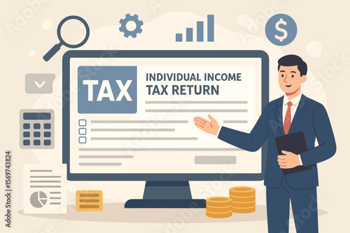 E-tax online individual income tax return form concept with businessman, digital tax payment, government state taxes, financial data analysis, paperwork, accounting, finance