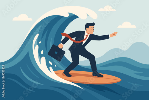 Businessman surfing giant wave, concept of adapting to change, overcoming challenges, career growth, professional success, leadership, risk management, business trend momentum