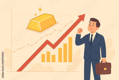 Gold investment growth, bullion price rising, financial profit, business investor, gold trading, value increase, upward chart, wealth management, economic success concept