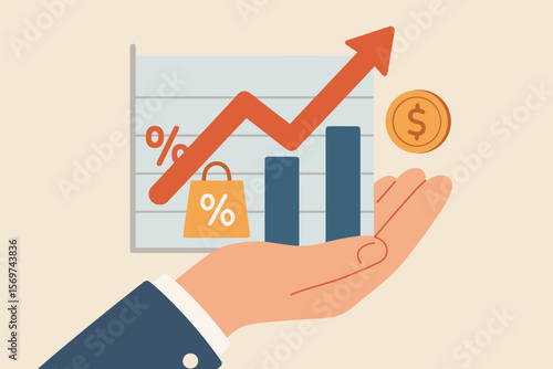 Hand Holding Growth Chart with Percentage, Shopping Discount, Sales Increase, Department Store Offer, Tax Adjustment, Rising Interest Rates, Financial Investment Concept