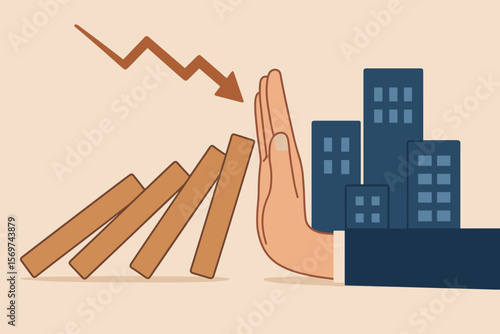 Business Crisis Prevention Concept, Hand Stopping Domino Effect, Risk Management, Financial Protection, Economic Downturn Intervention, Corporate Solution, Flat Vector Illustration