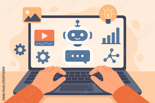 Hands typing on laptop with AI assistant interface, multimedia icons, data analytics, automation, smart technology, artificial intelligence tools for productivity, workflow