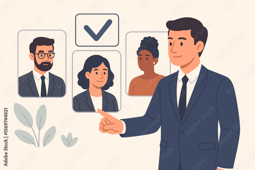 Human resources recruitment and talent selection concept. Businessman choosing right candidate for job. Employee screening, hiring process, professional staff evaluation, HR management Human resources recruitment and talent selection concept. Businessman choosing right candidate for job. Employee screening, hiring process, professional staff evaluation, HR management