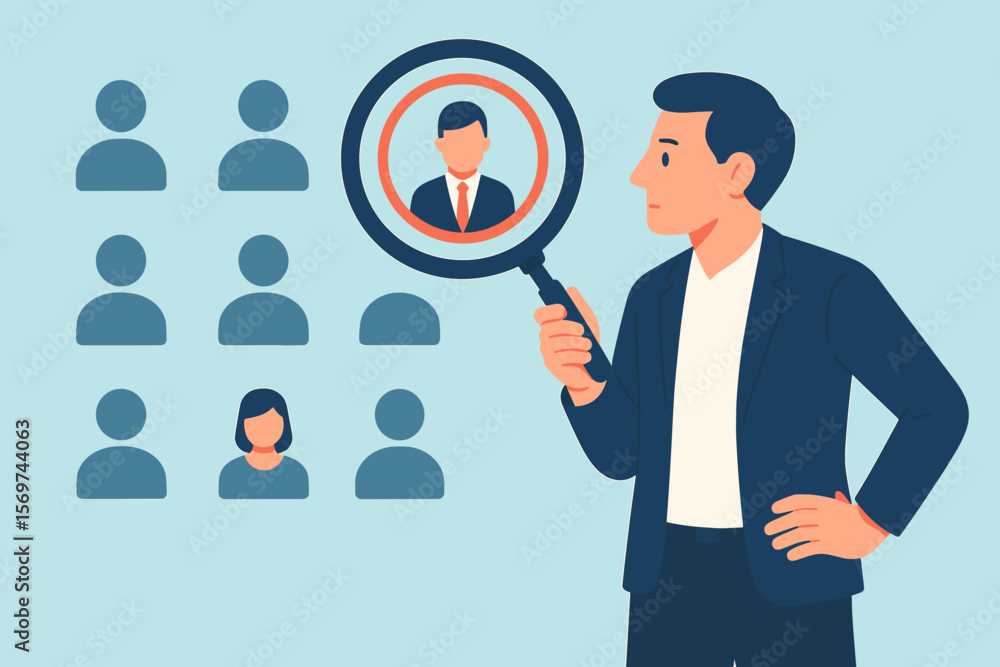 Human Resource Management Recruitment Concept, Magnifying Glass Selecting Manager Icon Among Staff, Leadership Search, Employee Development, Hiring, Talent Acquisition Human Resource Management Recruitment Concept, Magnifying Glass Selecting Manager Icon Among Staff, Leadership Search, Employee Development, Hiring, Talent Acquisition