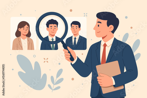 Human resources recruitment and talent selection concept. Businessman choosing candidate with magnifying glass. Job hiring, employee screening, HR management, staff evaluation