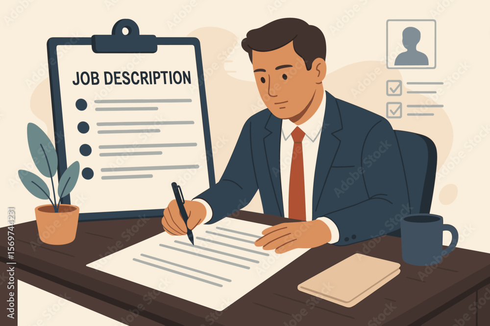 Job description, qualifications, requirements for job position, employment duties, responsibilities document, HR manager writing, recruitment, hiring process, office workplace Job description, qualifications, requirements for job position, employment duties, responsibilities document, HR manager writing, recruitment, hiring process, office workplace