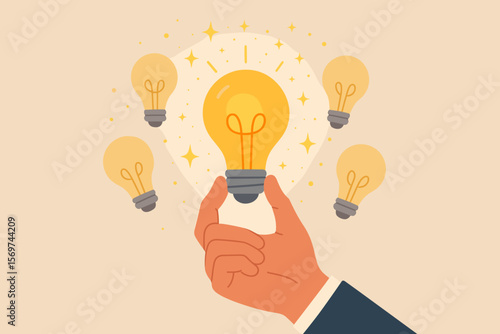Creative innovation inspiration concept. Hand holding glowing light bulb. Shining bulbs, sparkling ideas, creativity, brainstorming, solution, invention, business success, imagination