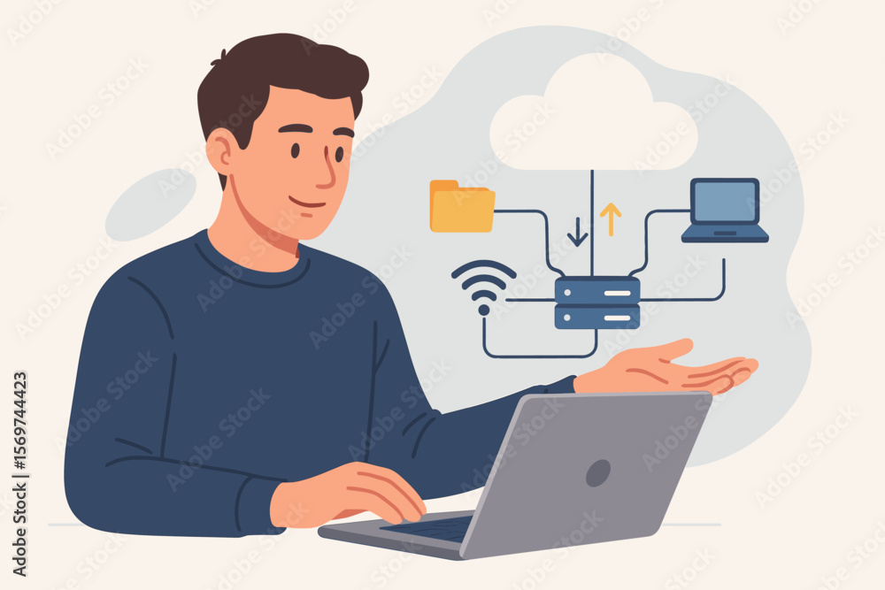 Man Using Laptop with Cloud Computing Diagram, Data Storage, Wireless Networking, Internet Service, Cloud Technology, File Sharing, Modern Flat Vector Illustration Man Using Laptop with Cloud Computing Diagram, Data Storage, Wireless Networking, Internet Service, Cloud Technology, File Sharing, Modern Flat Vector Illustration