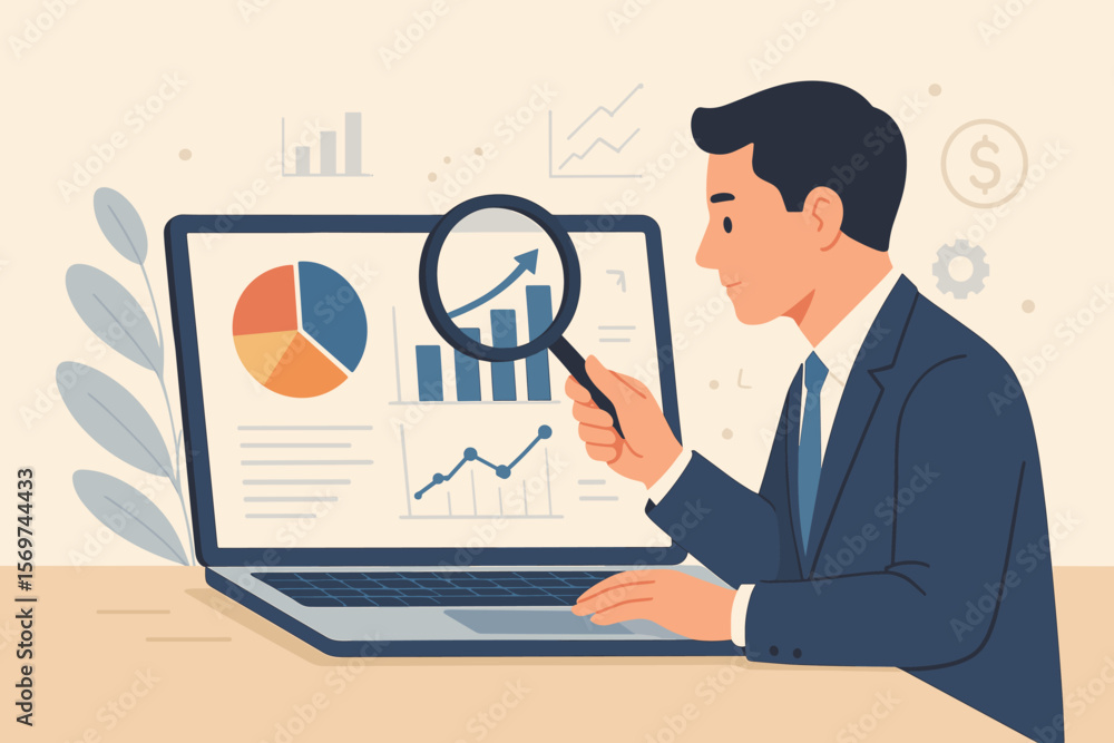 Businessman analyzing financial data, market research, SEO analytics, profit and earnings report, growth statistics, charts, graphs, magnifying glass, business analysis concept Businessman analyzing financial data, market research, SEO analytics, profit and earnings report, growth statistics, charts, graphs, magnifying glass, business analysis concept