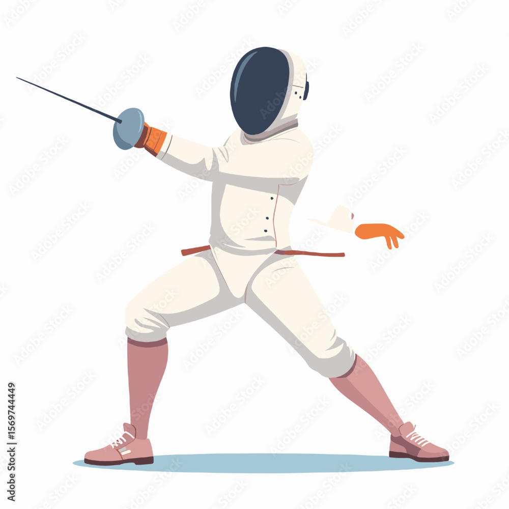 Obraz premium Fencer in White Protective Gear Holding Foil in Attack Stance Against White Background