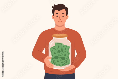 Man holding glass jar filled with cash for donation, fundraising, charity, savings, giving, economic relief, financial support, community aid, money collection concept illustration
