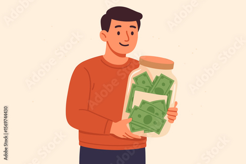 Man holding glass jar full of cash with donate label, charity fundraising, saving money, donation concept, financial support, economic relief, emergency aid, giving help