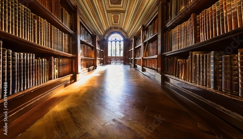 Wallpaper Mural library an aged library corridor lined with filled bookshelves leads to a lighted window at the end classic literary ambiance Torontodigital.ca
