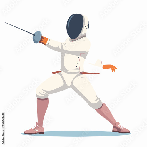 Fencer in White Protective Gear Holding Foil in Attack Stance Against White Background