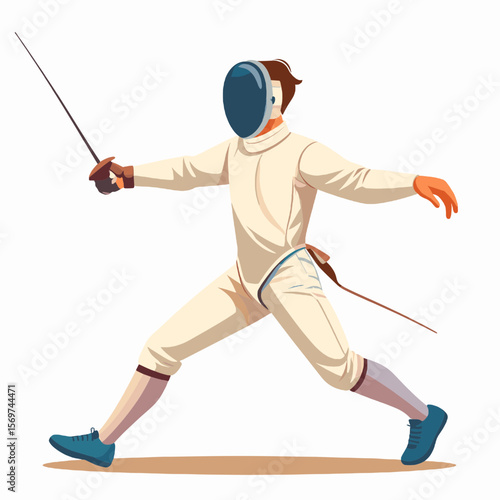 Fencer in White Uniform and Blue Mask Performing Fencing Sport Action Isolated on White Background for Competition or Tournament